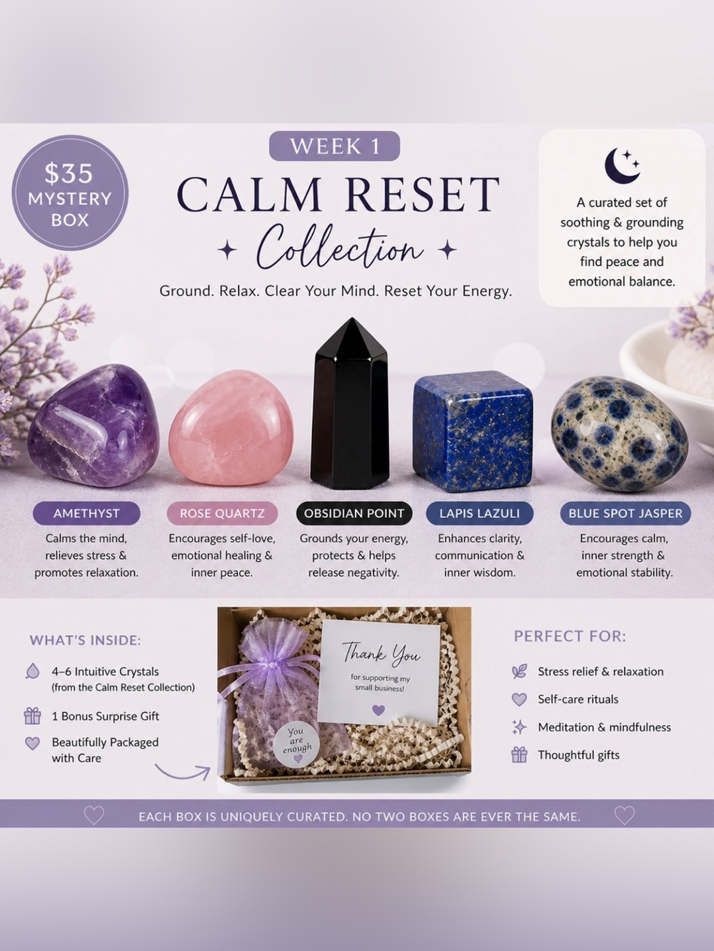 🌙 Crystal Mystery Box $35 | Calm Reset Curated Set | 4–6 Intuitive Stones + Gift
